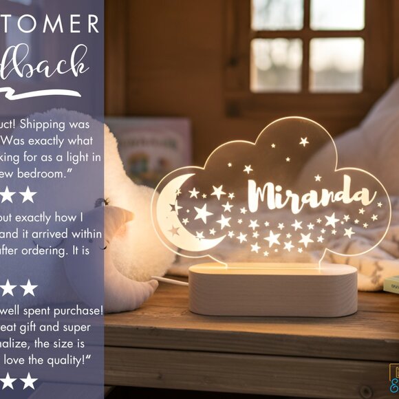 Moon & Stars Custom Name Light • Personalized LED Cloud Decor • Girl Gift - Picture 7 of 8
